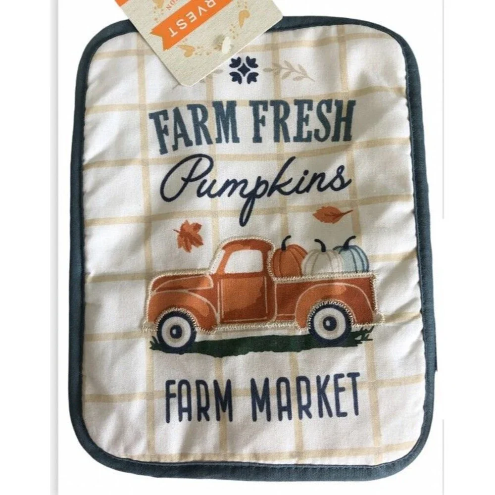 Thanksgiving Farm Truck Dish Towel Oven Mitt Potholder Farm Pumpkins Set of 3